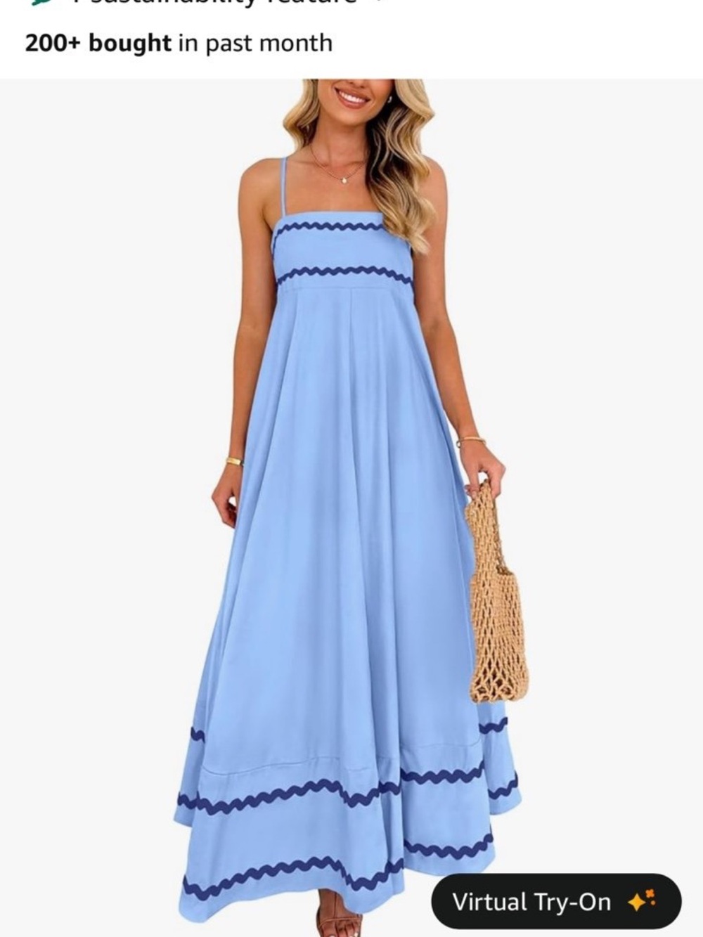 Light Blue Maxi Dress with Navy Wave Trim